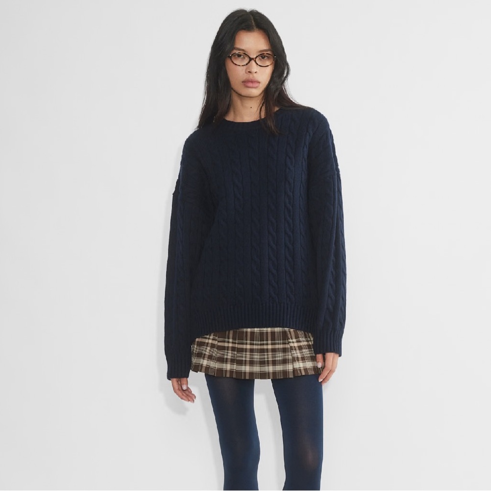 Navy Cable Knit Sweater with Plaid Skirt